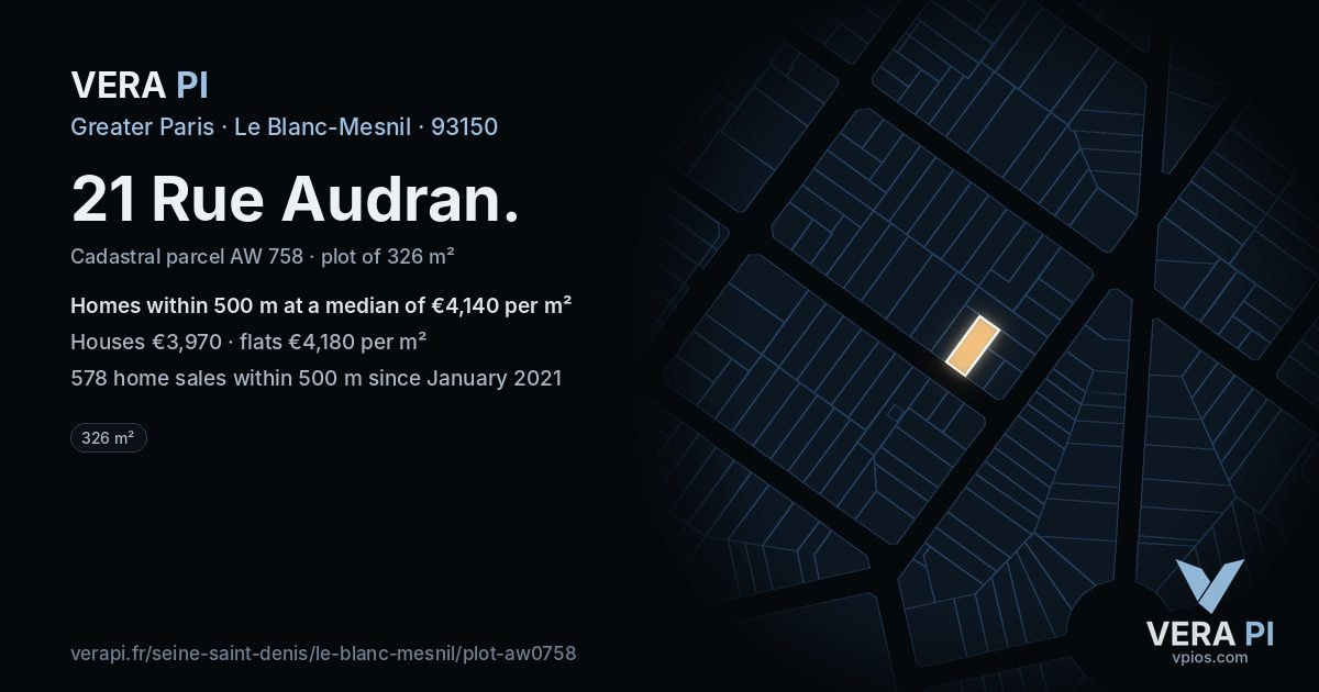 21 Rue Audran, Le Blanc-Mesnil at night – the plot lit, the parcels around coloured by the prices near them