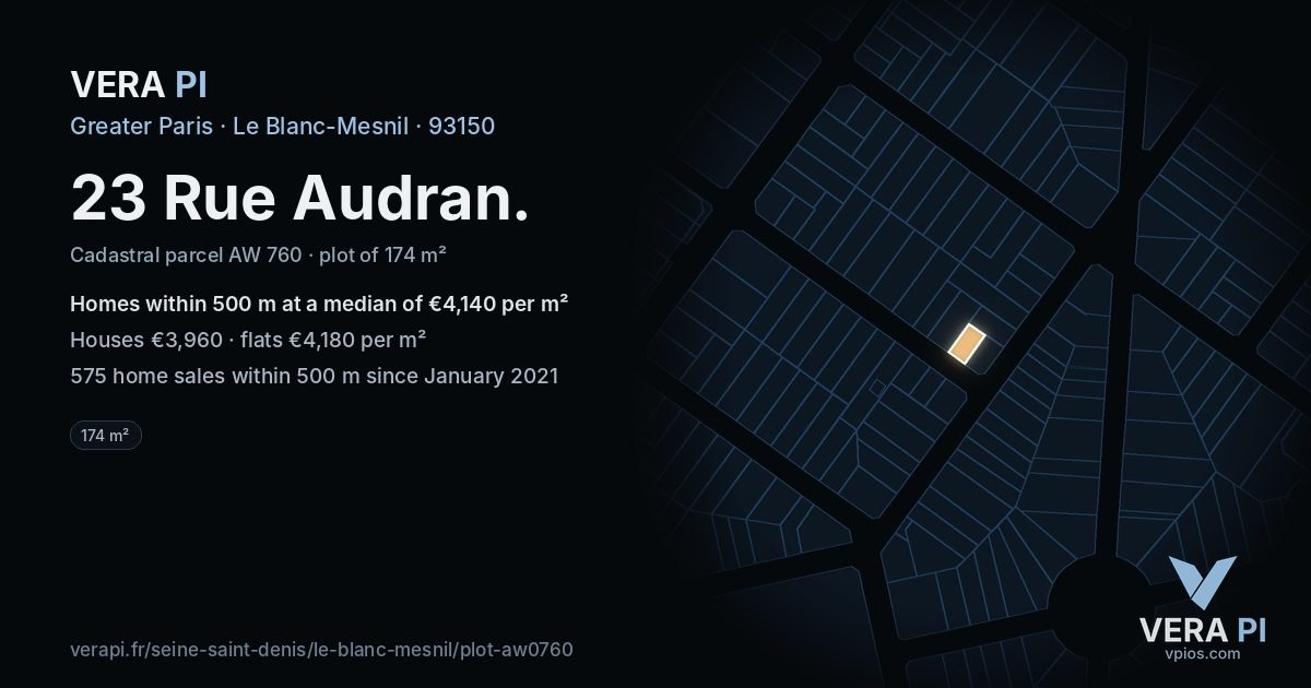 23 Rue Audran, Le Blanc-Mesnil at night – the plot lit, the parcels around coloured by the prices near them