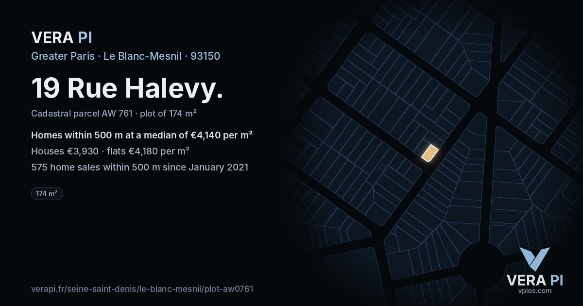 19 Rue Halevy, Le Blanc-Mesnil at night – the plot lit, the parcels around coloured by the prices near them