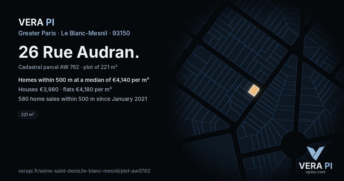26 Rue Audran, Le Blanc-Mesnil at night – the plot lit, the parcels around coloured by the prices near them