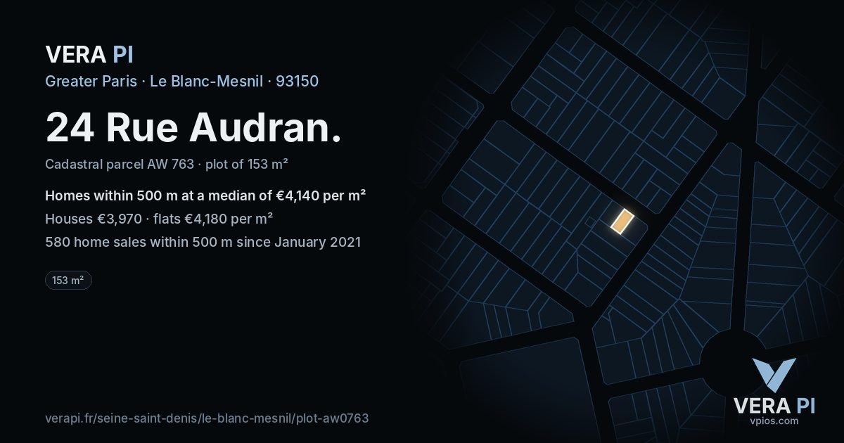 24 Rue Audran, Le Blanc-Mesnil at night – the plot lit, the parcels around coloured by the prices near them