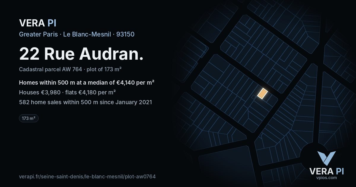 22 Rue Audran, Le Blanc-Mesnil at night – the plot lit, the parcels around coloured by the prices near them