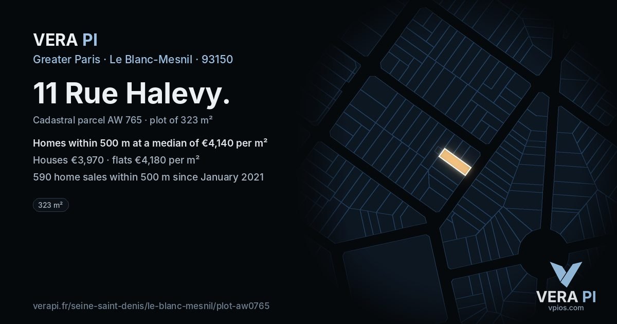 11 Rue Halevy, Le Blanc-Mesnil at night – the plot lit, the parcels around coloured by the prices near them