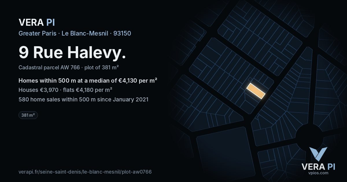 9 Rue Halevy, Le Blanc-Mesnil at night – the plot lit, the parcels around coloured by the prices near them