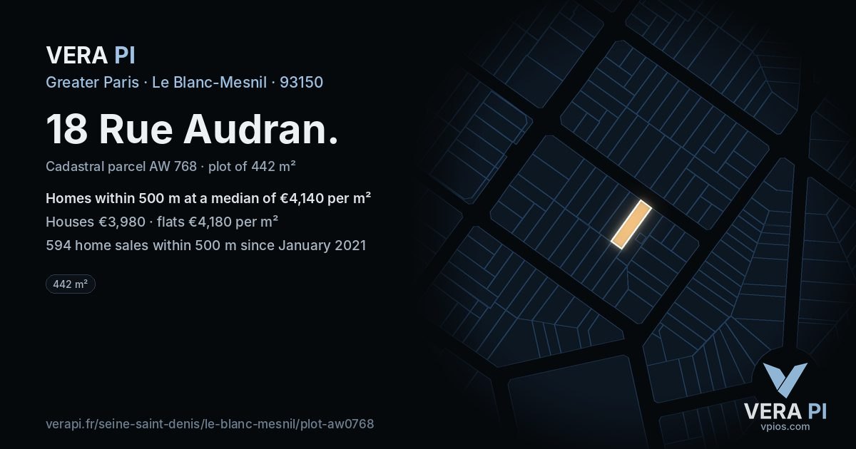 18 Rue Audran, Le Blanc-Mesnil at night – the plot lit, the parcels around coloured by the prices near them