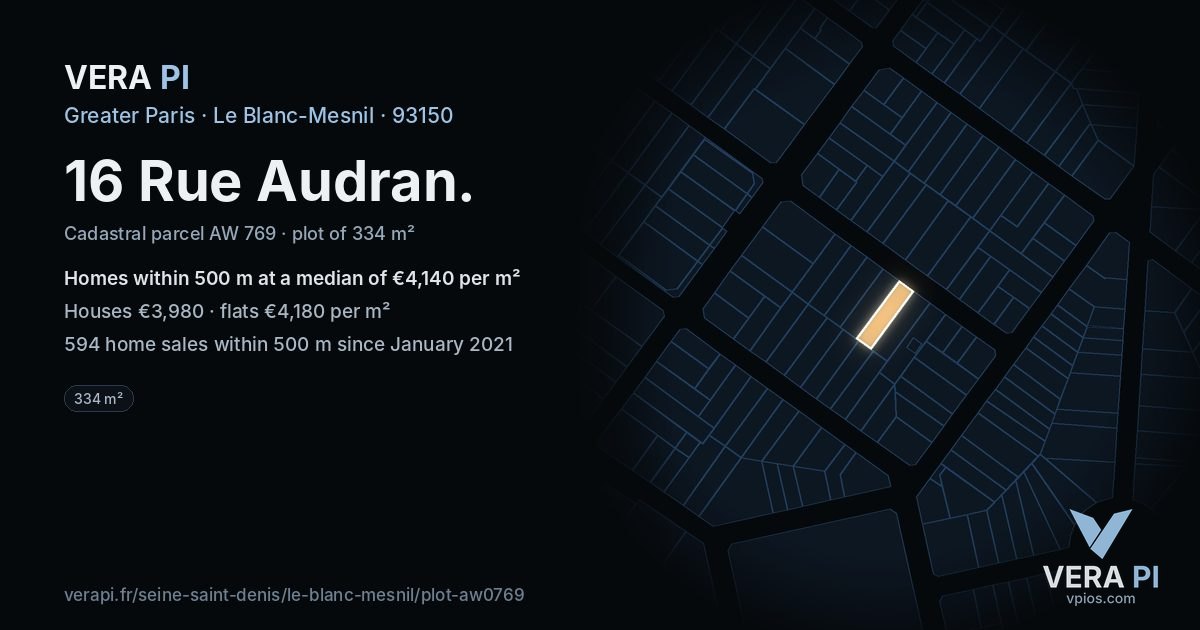 16 Rue Audran, Le Blanc-Mesnil at night – the plot lit, the parcels around coloured by the prices near them