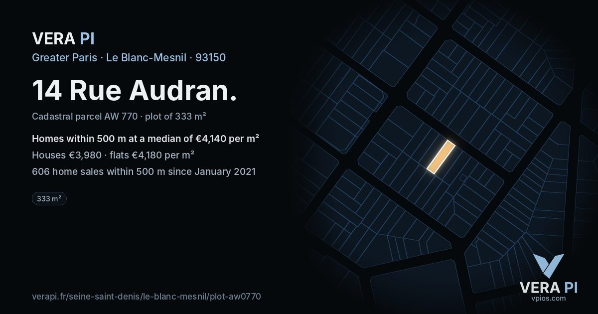 14 Rue Audran, Le Blanc-Mesnil at night – the plot lit, the parcels around coloured by the prices near them