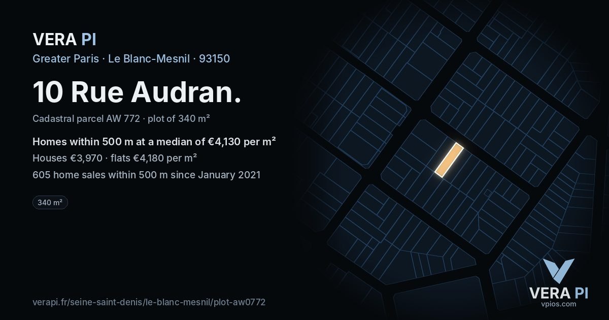 10 Rue Audran, Le Blanc-Mesnil at night – the plot lit, the parcels around coloured by the prices near them