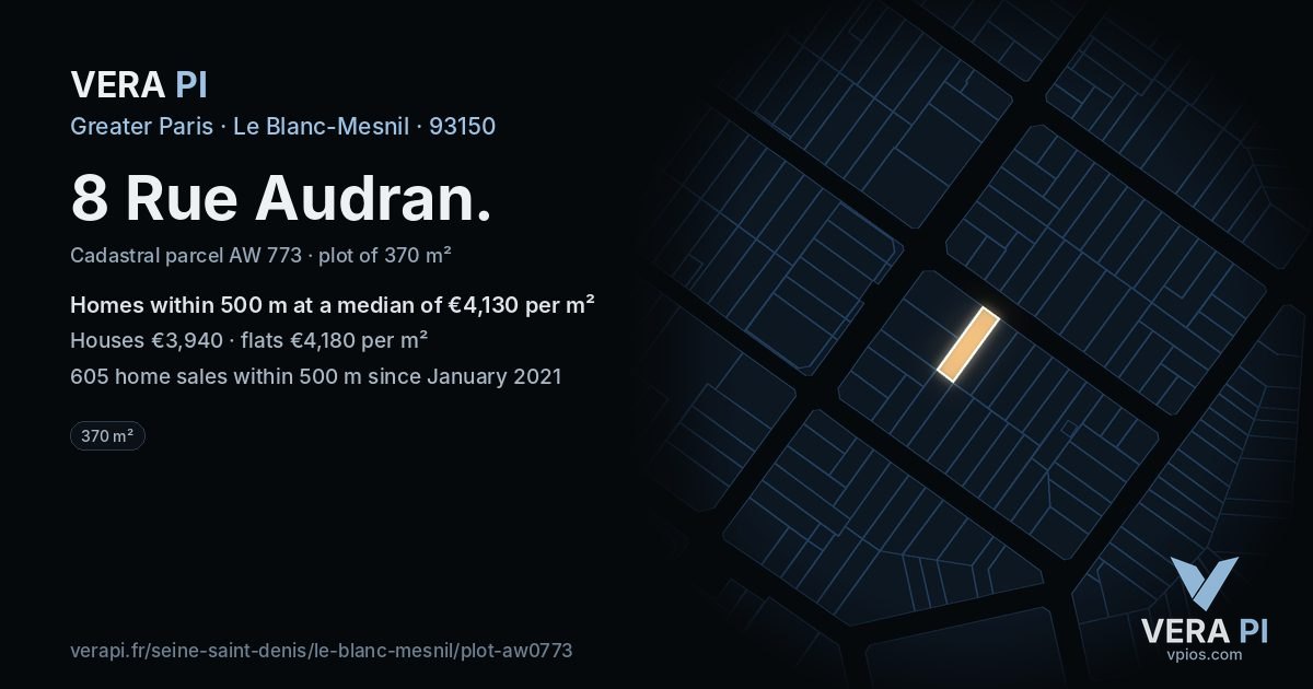 8 Rue Audran, Le Blanc-Mesnil at night – the plot lit, the parcels around coloured by the prices near them