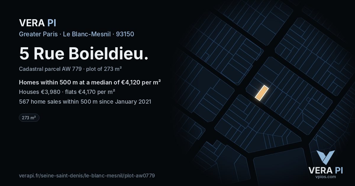 5 Rue Boieldieu, Le Blanc-Mesnil at night – the plot lit, the parcels around coloured by the prices near them