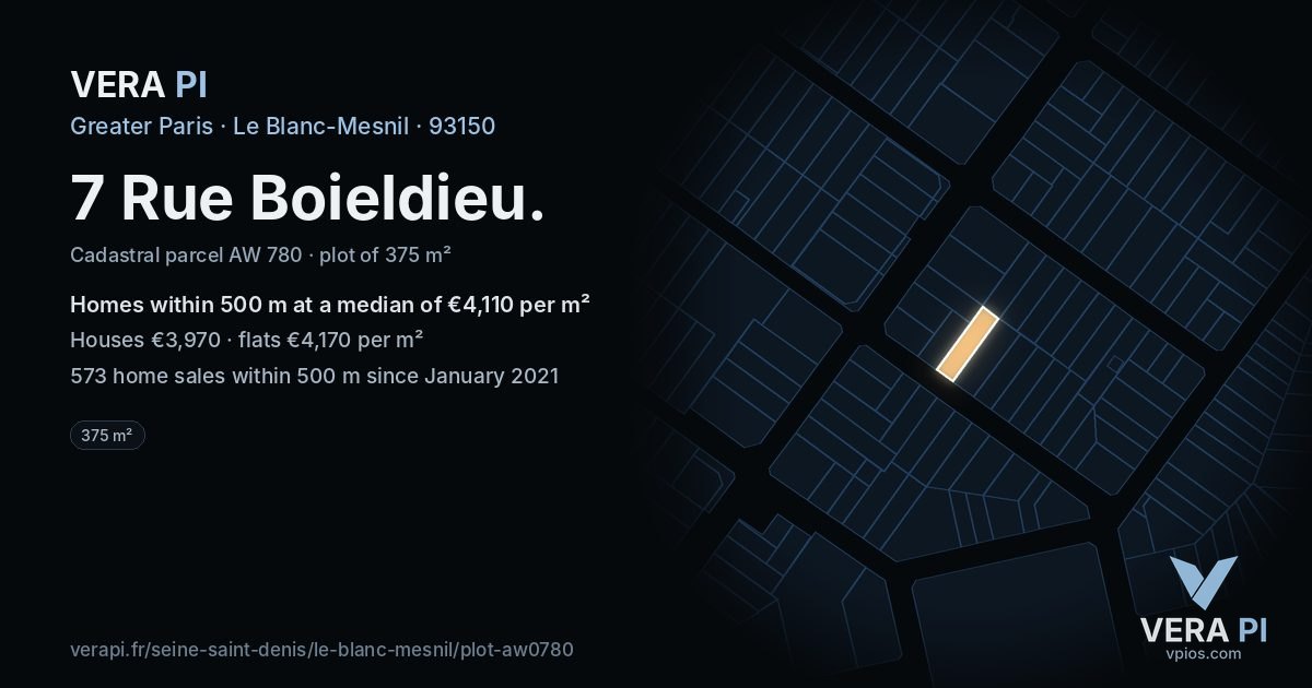 7 Rue Boieldieu, Le Blanc-Mesnil at night – the plot lit, the parcels around coloured by the prices near them
