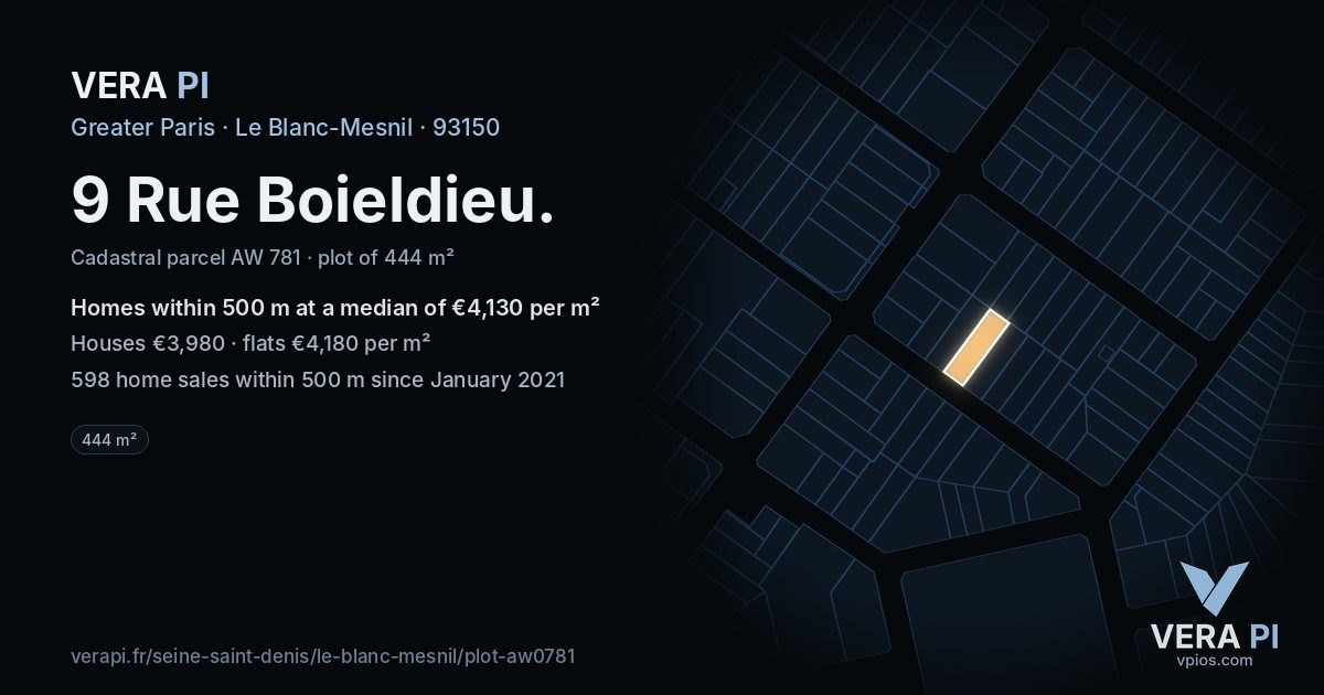 9 Rue Boieldieu, Le Blanc-Mesnil at night – the plot lit, the parcels around coloured by the prices near them