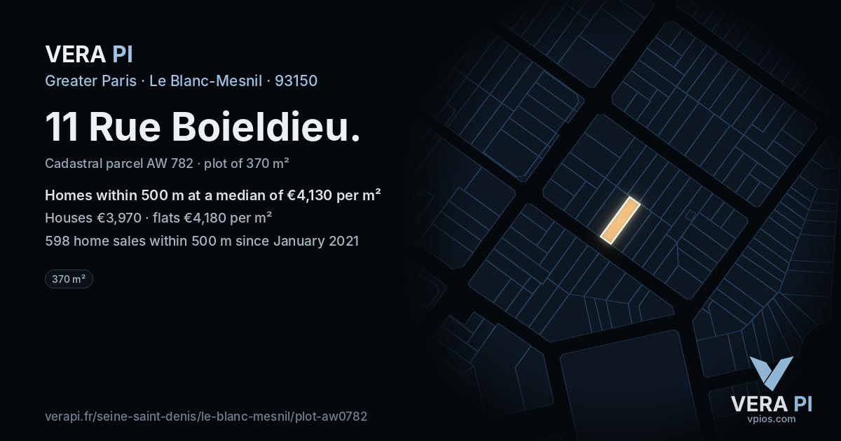 11 Rue Boieldieu, Le Blanc-Mesnil at night – the plot lit, the parcels around coloured by the prices near them