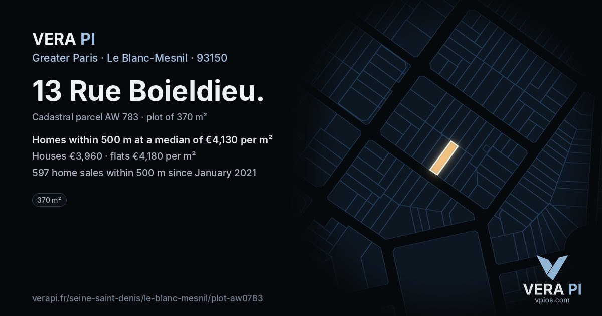 13 Rue Boieldieu, Le Blanc-Mesnil at night – the plot lit, the parcels around coloured by the prices near them
