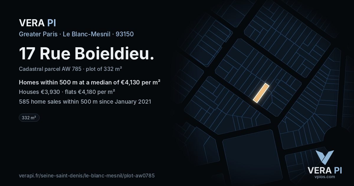 17 Rue Boieldieu, Le Blanc-Mesnil at night – the plot lit, the parcels around coloured by the prices near them