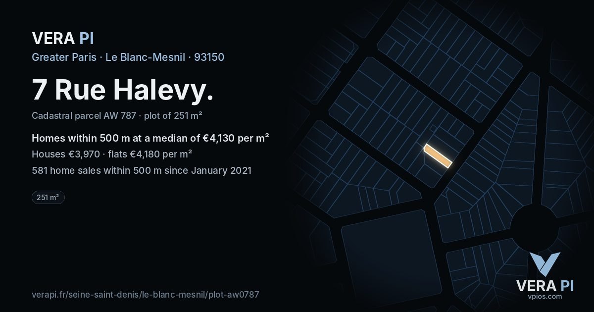 7 Rue Halevy, Le Blanc-Mesnil at night – the plot lit, the parcels around coloured by the prices near them