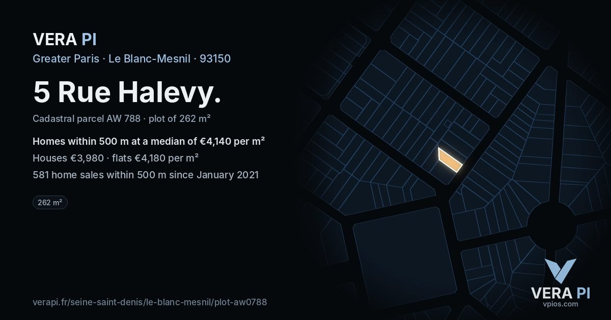 5 Rue Halevy, Le Blanc-Mesnil at night – the plot lit, the parcels around coloured by the prices near them