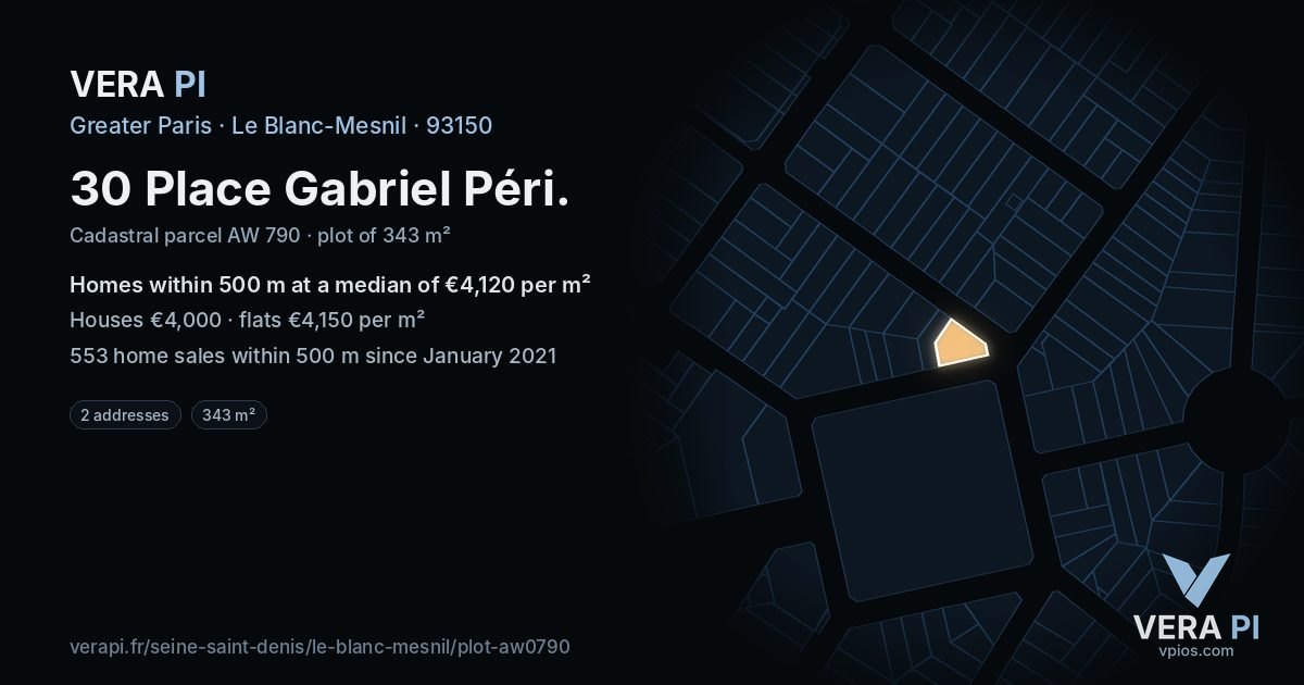 30 Place Gabriel Péri, Le Blanc-Mesnil at night – the plot lit, the parcels around coloured by the prices near them