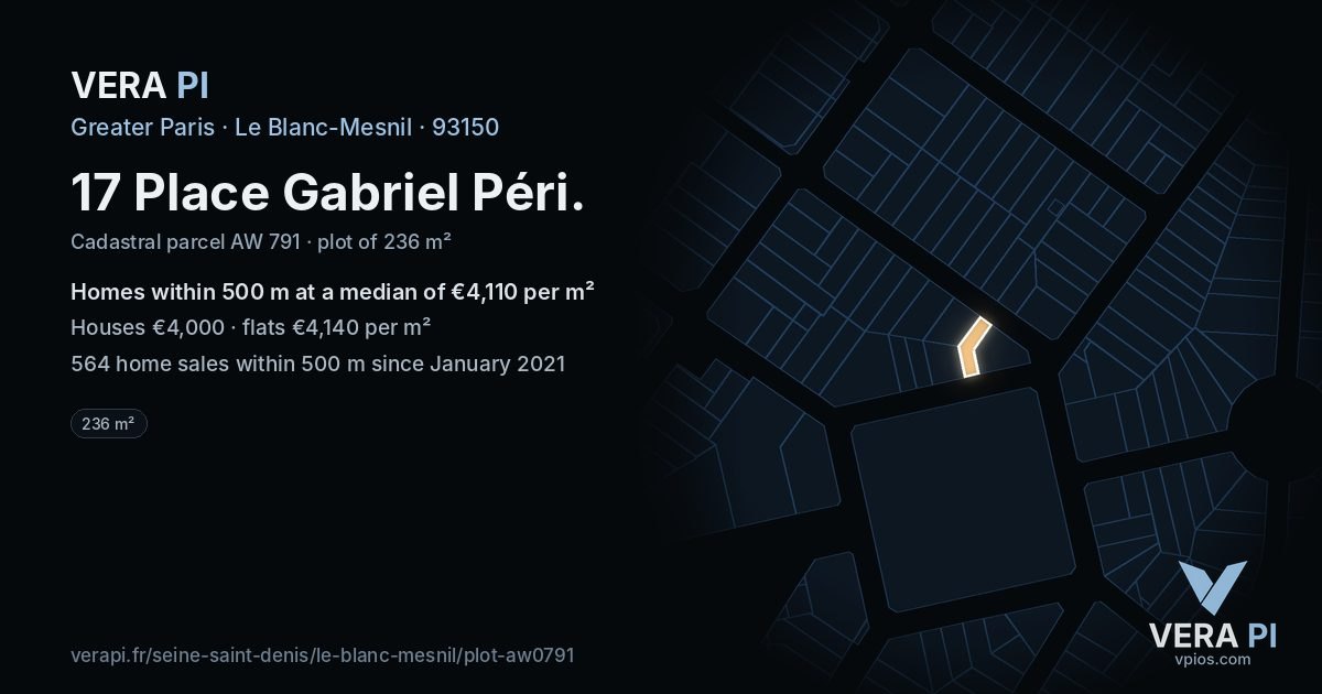 17 Place Gabriel Péri, Le Blanc-Mesnil at night – the plot lit, the parcels around coloured by the prices near them
