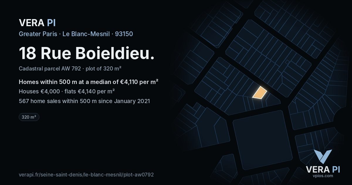 18 Rue Boieldieu, Le Blanc-Mesnil at night – the plot lit, the parcels around coloured by the prices near them