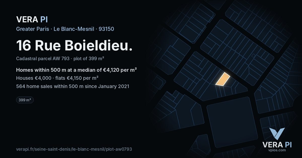 16 Rue Boieldieu, Le Blanc-Mesnil at night – the plot lit, the parcels around coloured by the prices near them