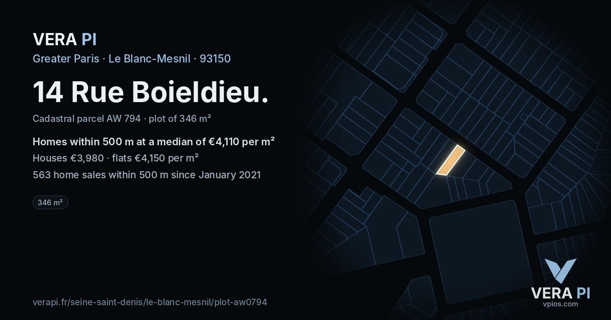 14 Rue Boieldieu, Le Blanc-Mesnil at night – the plot lit, the parcels around coloured by the prices near them