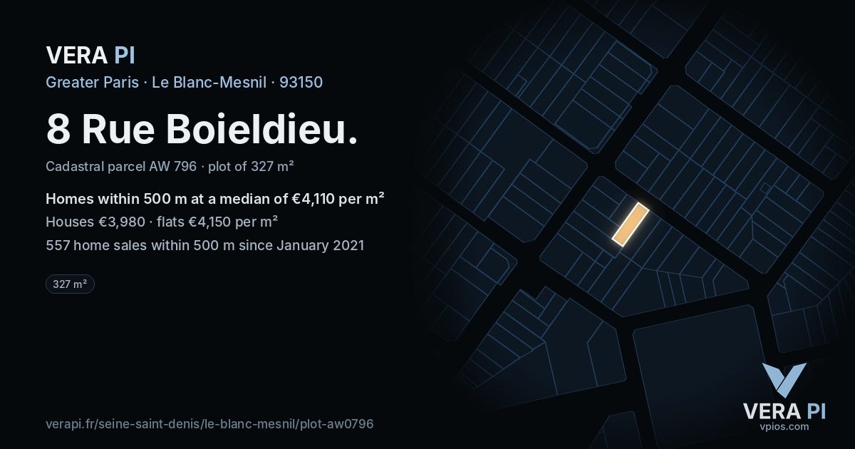 8 Rue Boieldieu, Le Blanc-Mesnil at night – the plot lit, the parcels around coloured by the prices near them