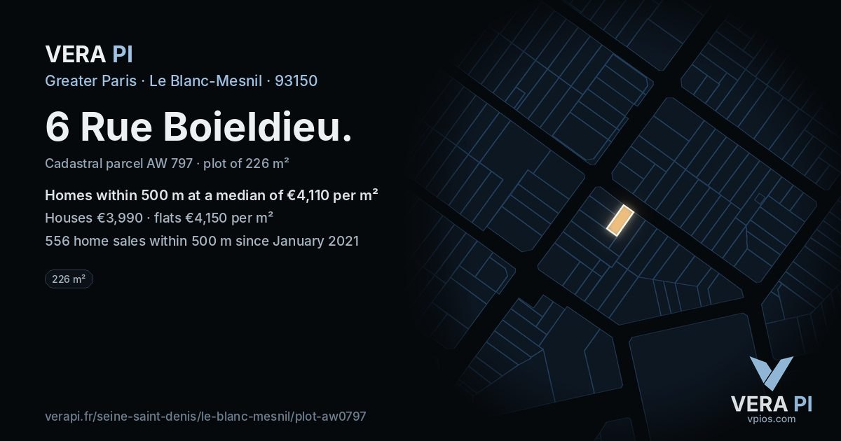 6 Rue Boieldieu, Le Blanc-Mesnil at night – the plot lit, the parcels around coloured by the prices near them