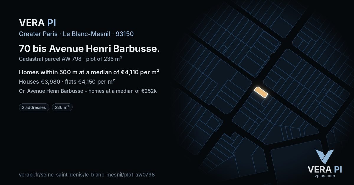 70 bis Avenue Henri Barbusse, Le Blanc-Mesnil at night – the plot lit, the parcels around coloured by the prices near them