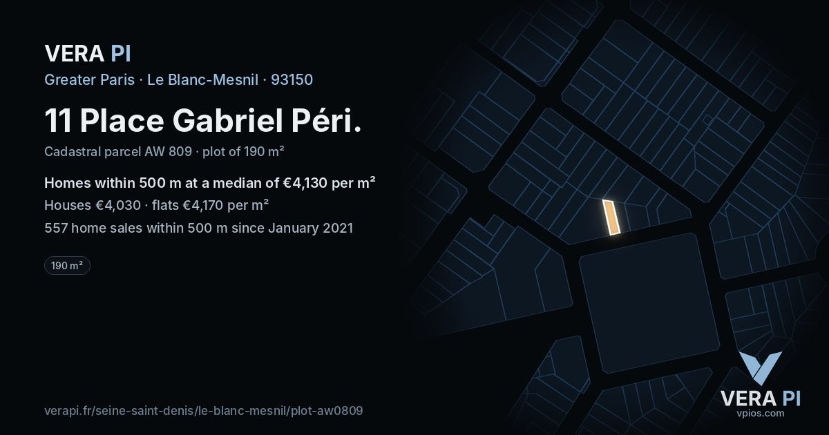 11 Place Gabriel Péri, Le Blanc-Mesnil at night – the plot lit, the parcels around coloured by the prices near them