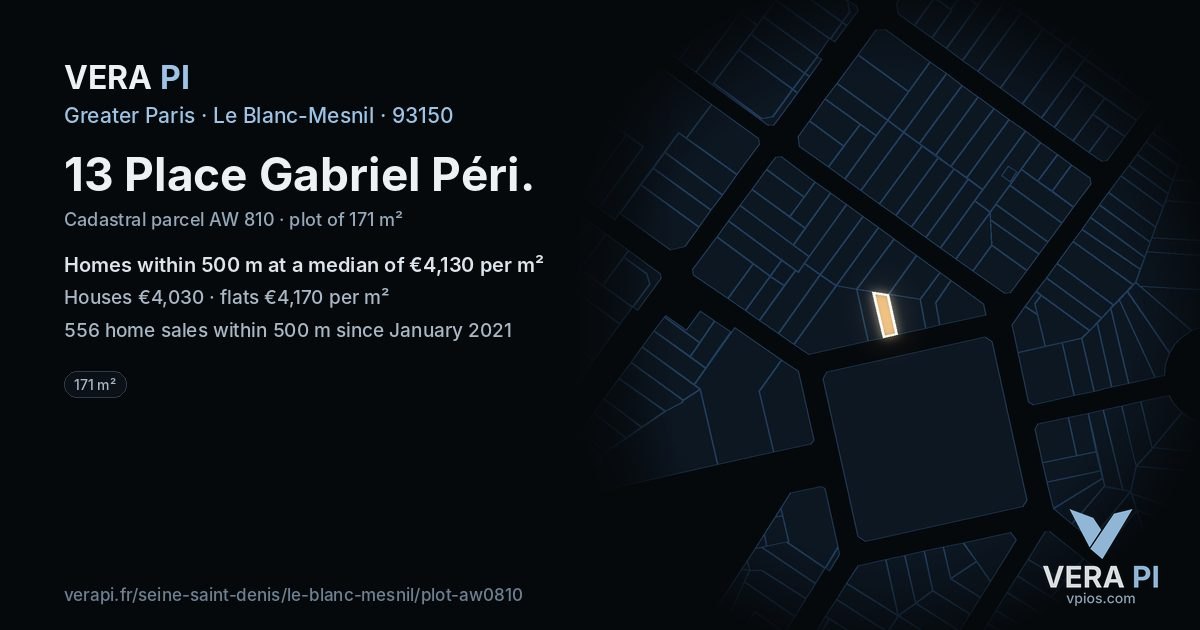 13 Place Gabriel Péri, Le Blanc-Mesnil at night – the plot lit, the parcels around coloured by the prices near them