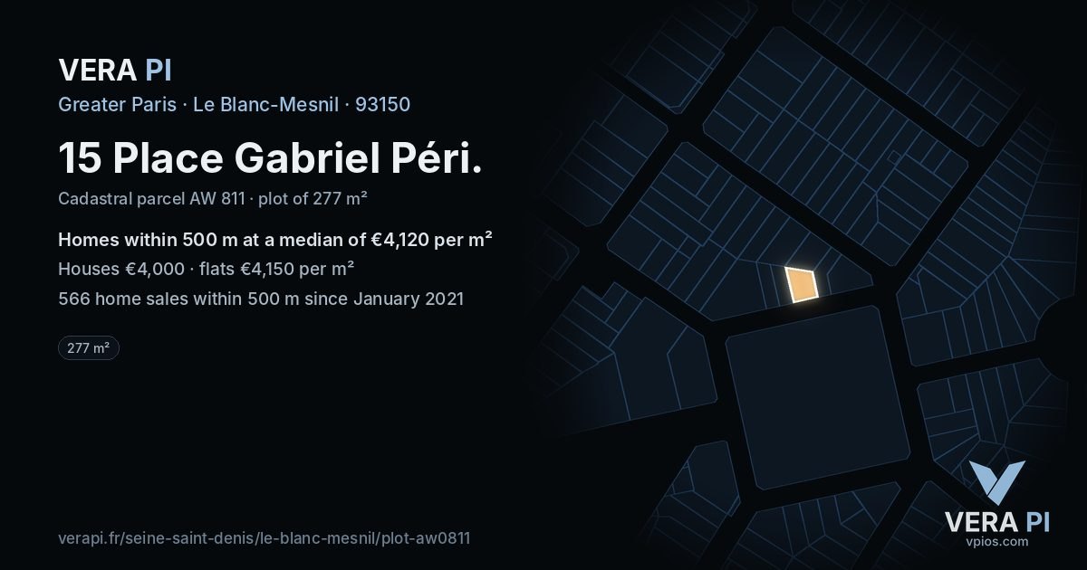 15 Place Gabriel Péri, Le Blanc-Mesnil at night – the plot lit, the parcels around coloured by the prices near them