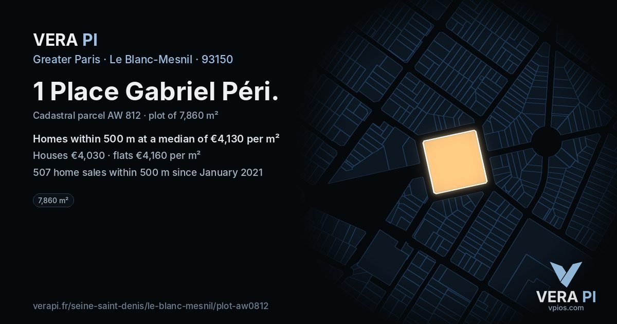 1 Place Gabriel Péri, Le Blanc-Mesnil at night – the plot lit, the parcels around coloured by the prices near them
