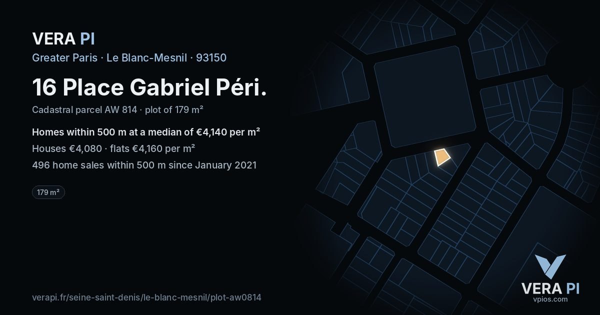 16 Place Gabriel Péri, Le Blanc-Mesnil at night – the plot lit, the parcels around coloured by the prices near them
