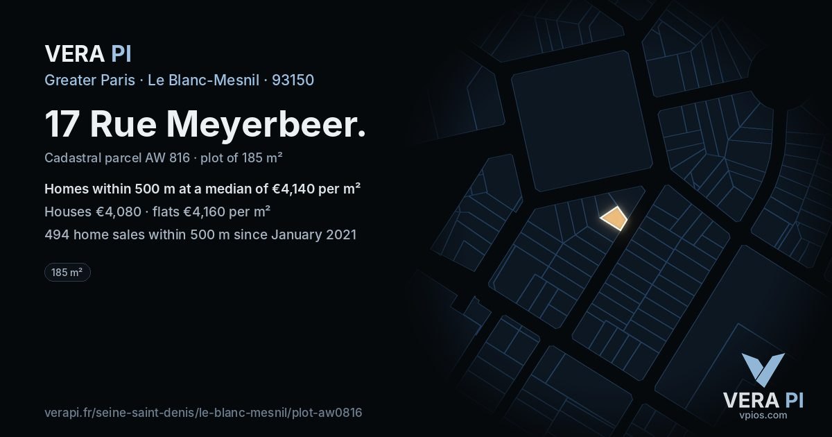 17 Rue Meyerbeer, Le Blanc-Mesnil at night – the plot lit, the parcels around coloured by the prices near them