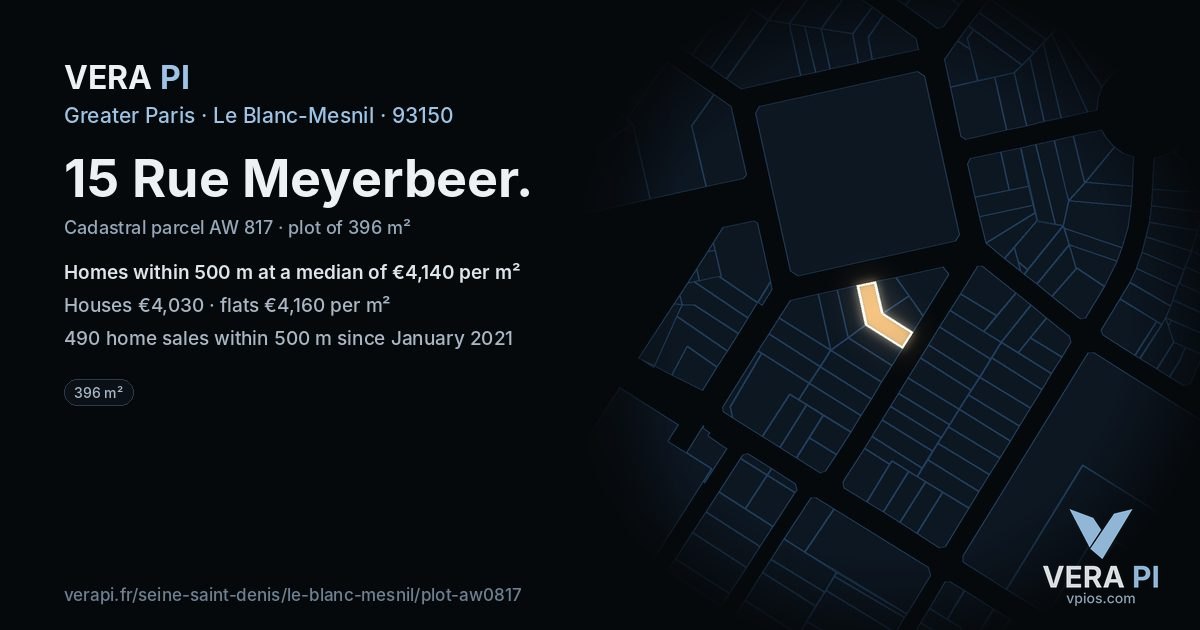 15 Rue Meyerbeer, Le Blanc-Mesnil at night – the plot lit, the parcels around coloured by the prices near them