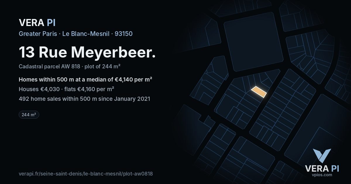 13 Rue Meyerbeer, Le Blanc-Mesnil at night – the plot lit, the parcels around coloured by the prices near them