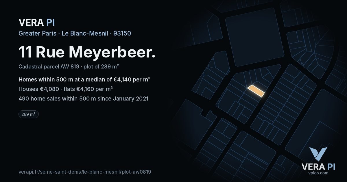 11 Rue Meyerbeer, Le Blanc-Mesnil at night – the plot lit, the parcels around coloured by the prices near them