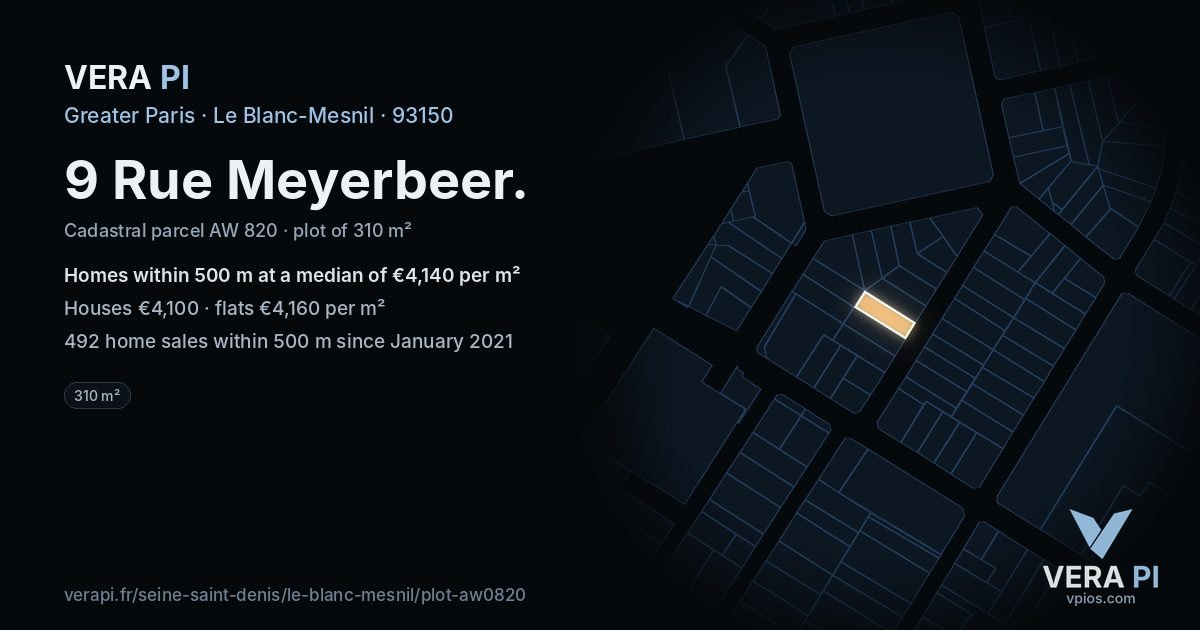 9 Rue Meyerbeer, Le Blanc-Mesnil at night – the plot lit, the parcels around coloured by the prices near them