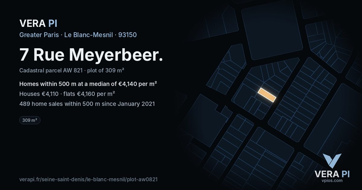7 Rue Meyerbeer, Le Blanc-Mesnil at night – the plot lit, the parcels around coloured by the prices near them