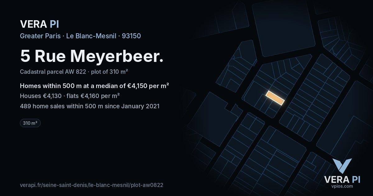 5 Rue Meyerbeer, Le Blanc-Mesnil at night – the plot lit, the parcels around coloured by the prices near them