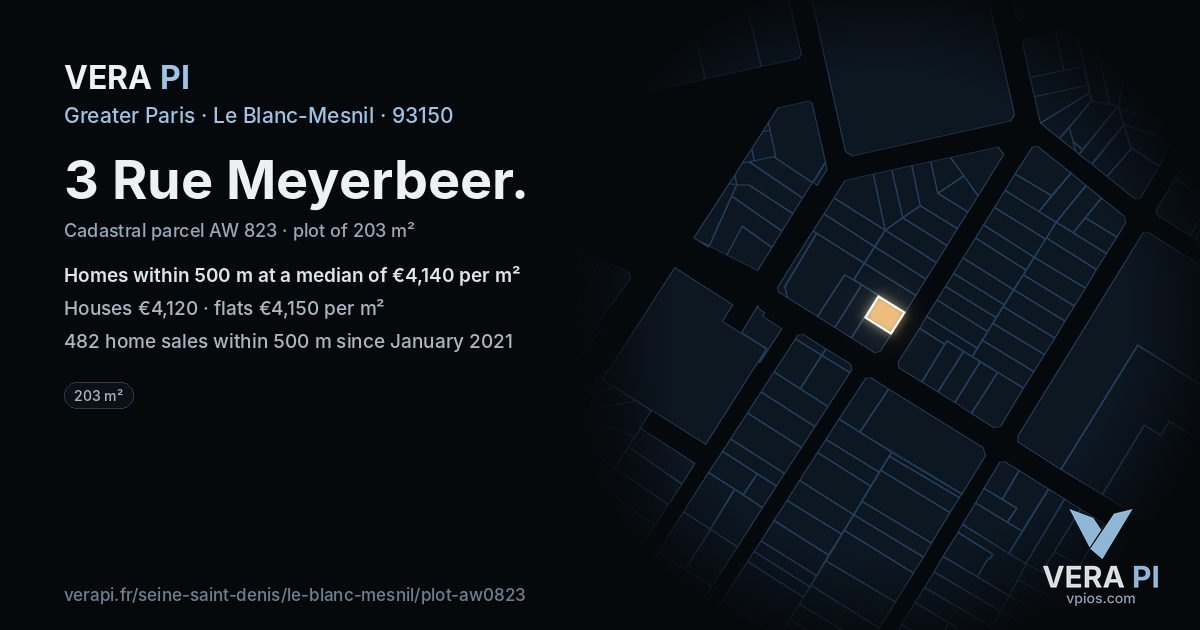 3 Rue Meyerbeer, Le Blanc-Mesnil at night – the plot lit, the parcels around coloured by the prices near them