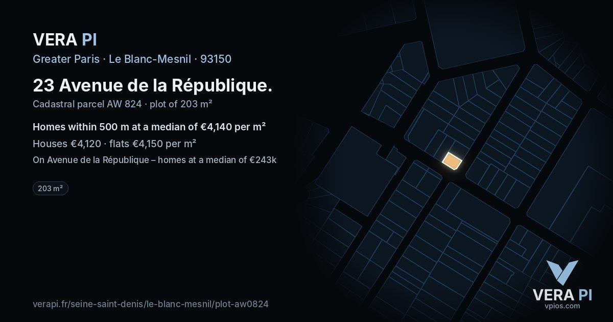23 Avenue de la République, Le Blanc-Mesnil at night – the plot lit, the parcels around coloured by the prices near them