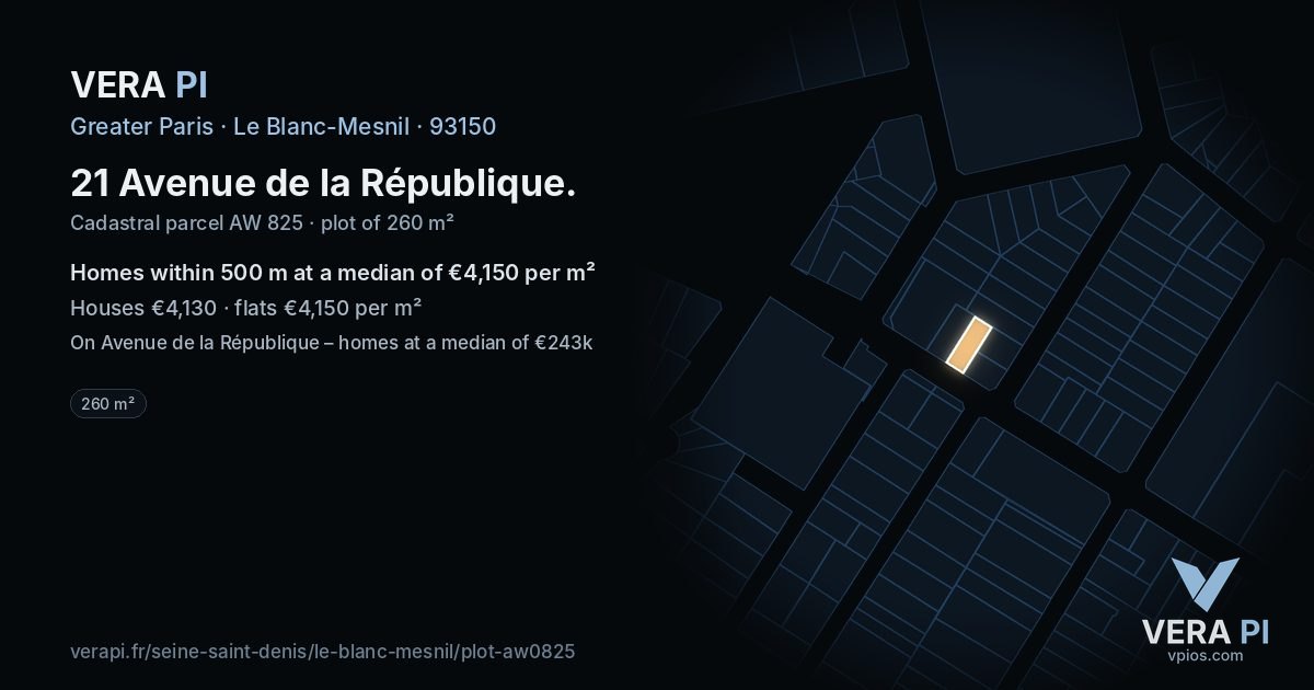 21 Avenue de la République, Le Blanc-Mesnil at night – the plot lit, the parcels around coloured by the prices near them