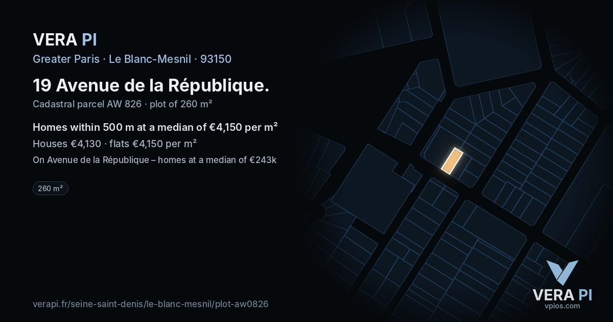 19 Avenue de la République, Le Blanc-Mesnil at night – the plot lit, the parcels around coloured by the prices near them