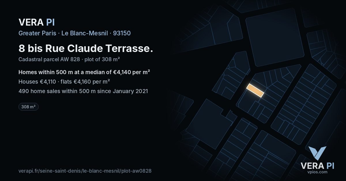 8 bis Rue Claude Terrasse, Le Blanc-Mesnil at night – the plot lit, the parcels around coloured by the prices near them