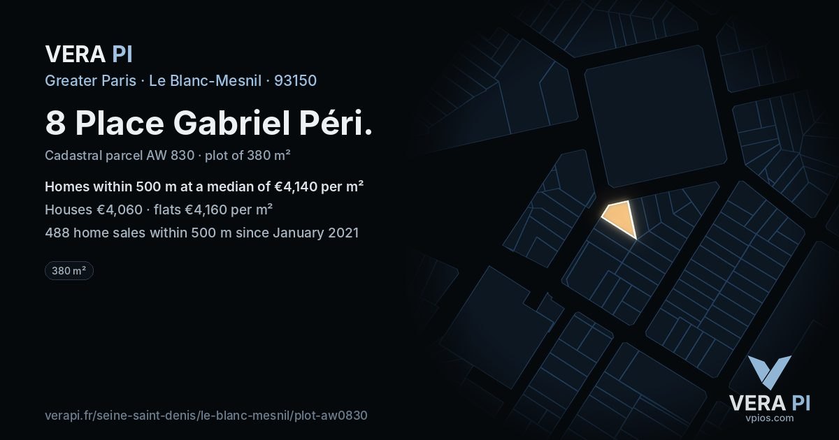 8 Place Gabriel Péri, Le Blanc-Mesnil at night – the plot lit, the parcels around coloured by the prices near them