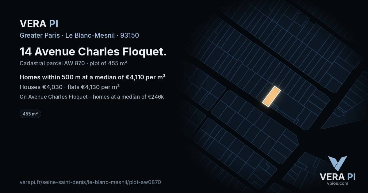 14 Avenue Charles Floquet, Le Blanc-Mesnil at night – the plot lit, the parcels around coloured by the prices near them