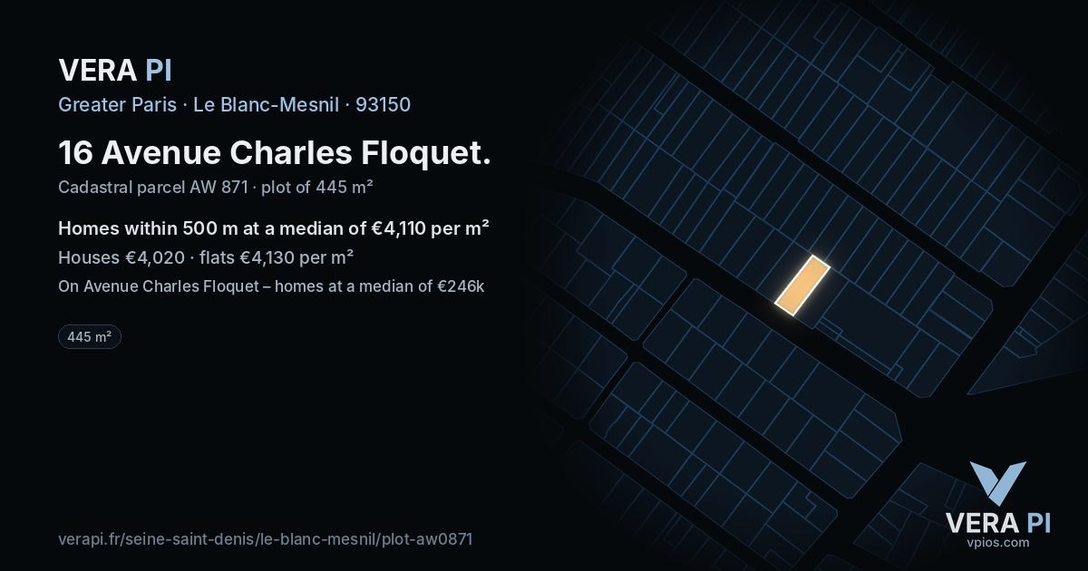 16 Avenue Charles Floquet, Le Blanc-Mesnil at night – the plot lit, the parcels around coloured by the prices near them