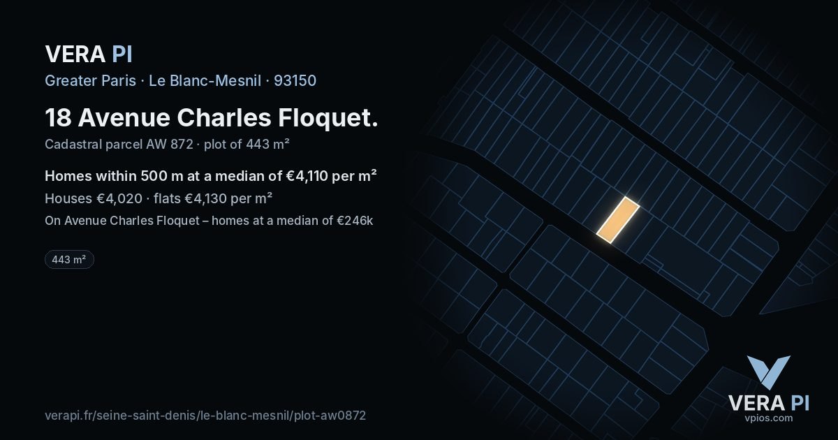 18 Avenue Charles Floquet, Le Blanc-Mesnil at night – the plot lit, the parcels around coloured by the prices near them